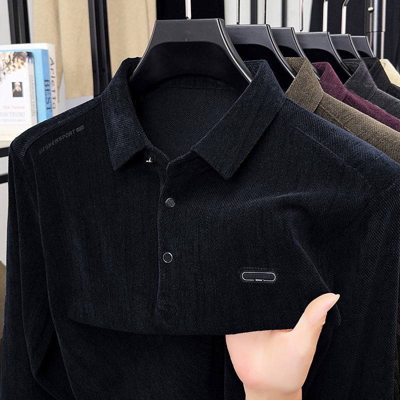 Tricou pentru bărbați cu mânecă lungă, croială lejeră, guler rever, culoare solidă, stil coreean pulover, poliester 87% + elastan 13% (Stil: versiune coreeană, pulover; Material: poliester 87% + elastan 13%; Model: solid; Croială: lejeră; Guler: rever)
