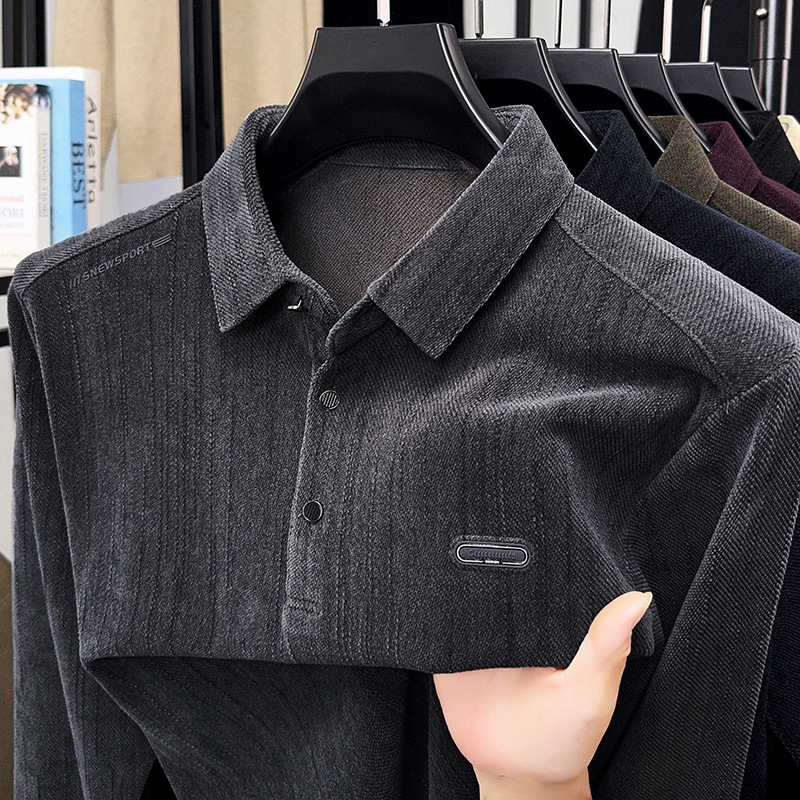 Tricou pentru bărbați cu mânecă lungă, croială lejeră, guler rever, culoare solidă, stil coreean pulover, poliester 87% + elastan 13% (Stil: versiune coreeană, pulover; Material: poliester 87% + elastan 13%; Model: solid; Croială: lejeră; Guler: rever)