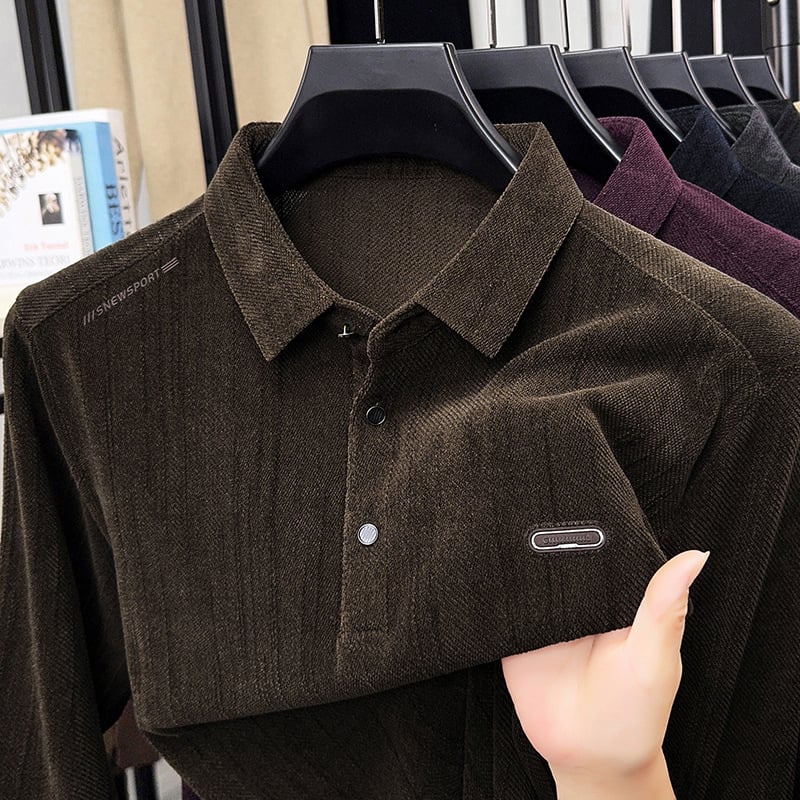 Tricou pentru bărbați cu mânecă lungă, croială lejeră, guler rever, culoare solidă, stil coreean pulover, poliester 87% + elastan 13% (Stil: versiune coreeană, pulover; Material: poliester 87% + elastan 13%; Model: solid; Croială: lejeră; Guler: rever)