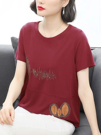 Pamuk ženski T-shirt s vezom, kratkim rukavima, slobodan kroj, okrugli izrez