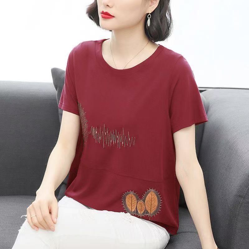 Pamuk ženski T-shirt s vezom, kratkim rukavima, slobodan kroj, okrugli izrez