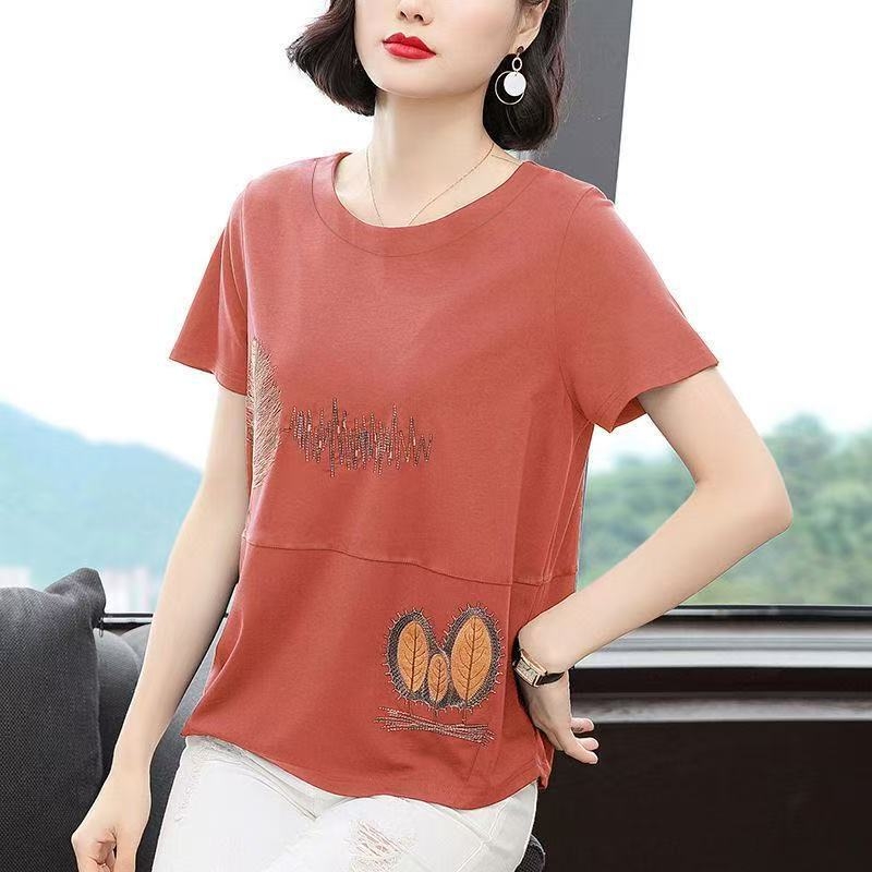 Pamuk ženski T-shirt s vezom, kratkim rukavima, slobodan kroj, okrugli izrez
