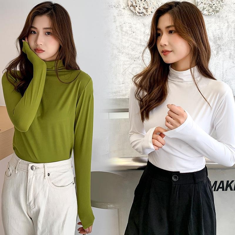 Ženski top s pola visokim ovratnikom, mask-stil za jesen-zimu, milk silk baza, uski kroj, dugi rukavi, mekano i elegantno