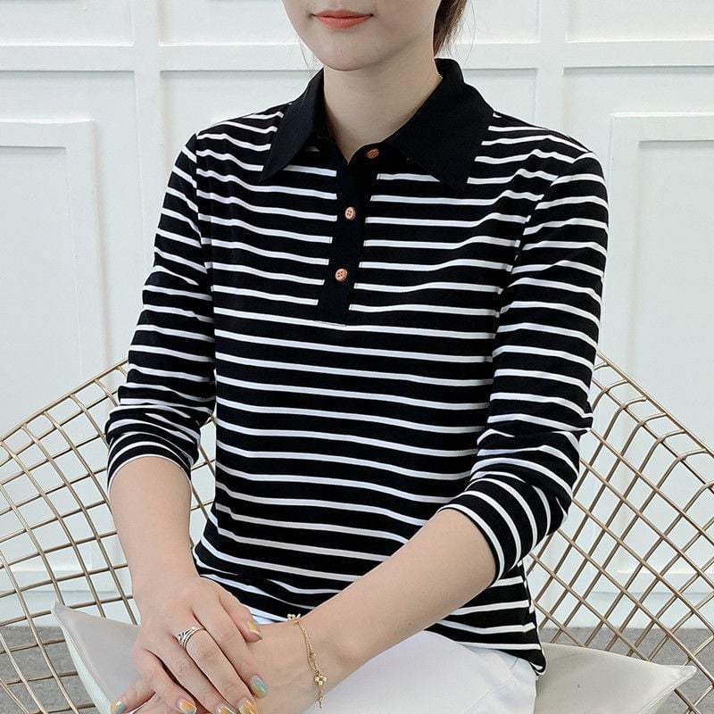 Ženski top s polo ovratnikom, prugasti, dugi rukav, ležerni gradski stil