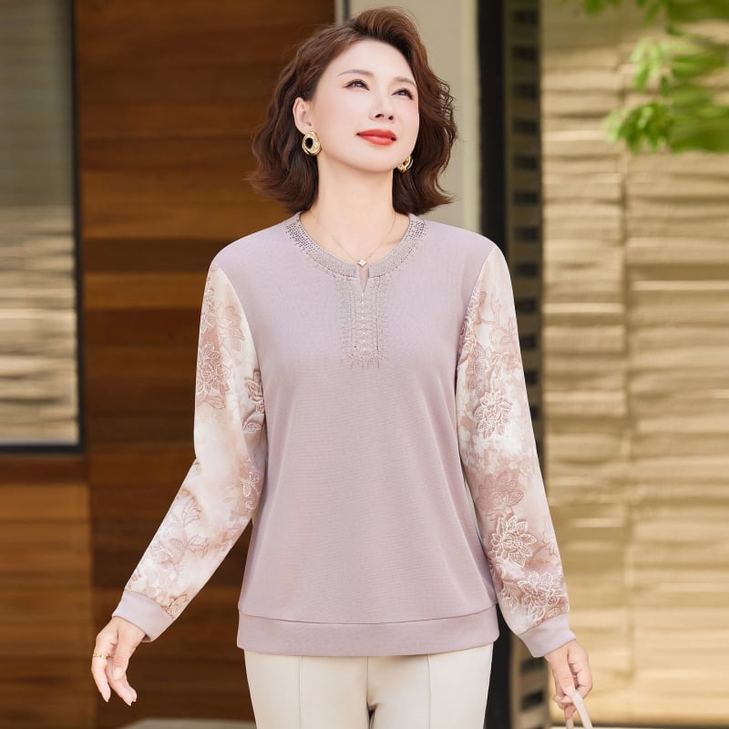 Elegantiška rudens moters palaidinė su ilgomis rankovėmis, V kaklo iškirptė, gėlių raštas, poliesterio audinys (>95%)