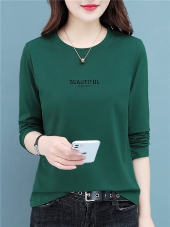 Ženski pamučni T-shirt s dugim rukavima, proljeće-jesen, okrugli izrez, slobodan kroj, 2025.