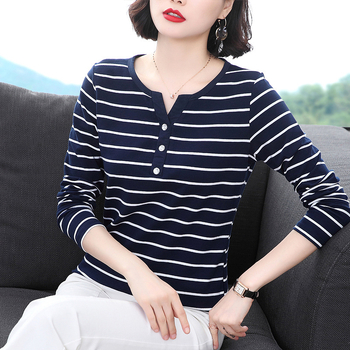 Ženska polo majica s dugim rukavima, prugasta, plus veličina, casual stil za žene srednje dobi, korejsko-japanski ležerni stil, 3D uzorak