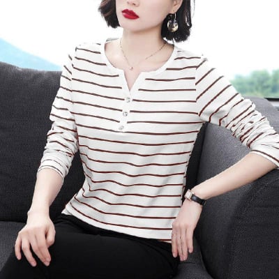 Ženska polo majica s dugim rukavima, prugasta, plus veličina, casual stil za žene srednje dobi, korejsko-japanski ležerni stil, 3D uzorak