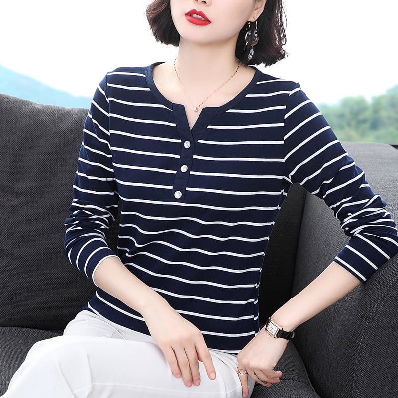 Ženska polo majica s dugim rukavima, prugasta, plus veličina, casual stil za žene srednje dobi, korejsko-japanski ležerni stil, 3D uzorak