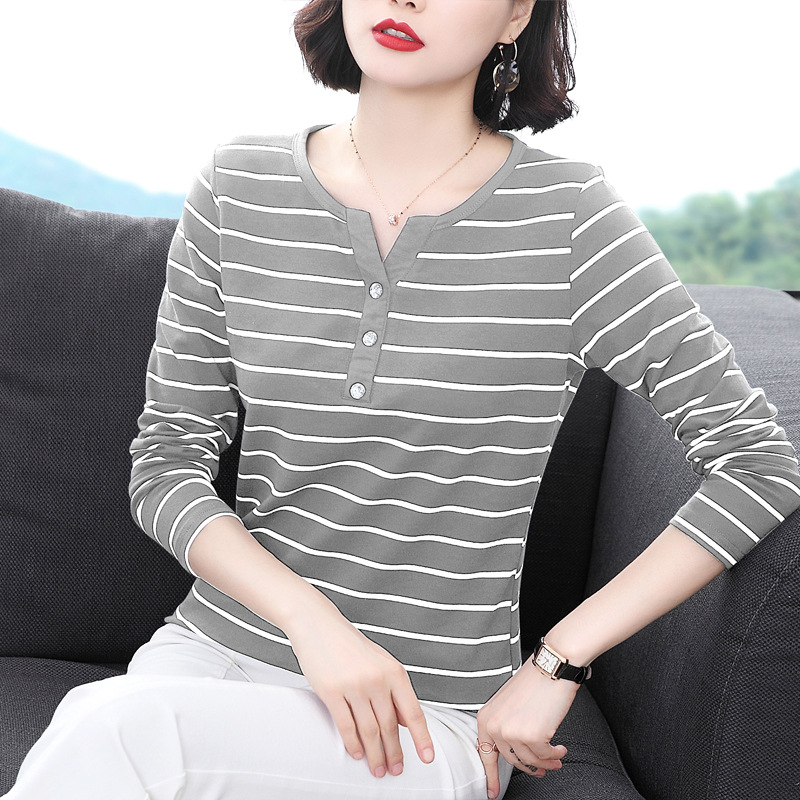 Ženska polo majica s dugim rukavima, prugasta, plus veličina, casual stil za žene srednje dobi, korejsko-japanski ležerni stil, 3D uzorak