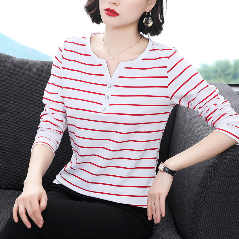 Ženska polo majica s dugim rukavima, prugasta, plus veličina, casual stil za žene srednje dobi, korejsko-japanski ležerni stil, 3D uzorak