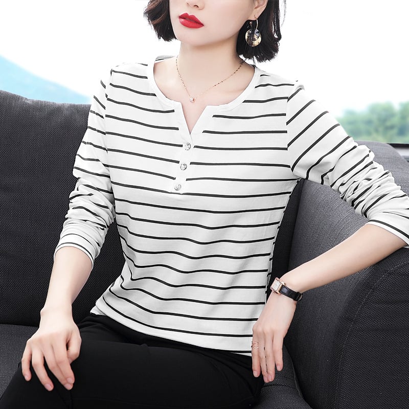 Ženska polo majica s dugim rukavima, prugasta, plus veličina, casual stil za žene srednje dobi, korejsko-japanski ležerni stil, 3D uzorak