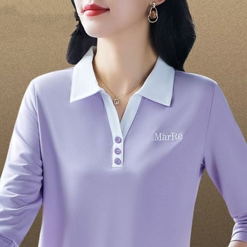 Tricou polo pentru femei cu mânecă lungă, culoare solidă, amestec poliester-spandex, croială dreaptă, primăvara 2025