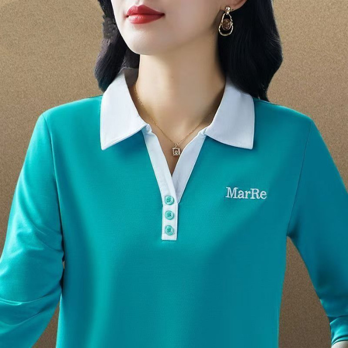 Tricou polo pentru femei cu mânecă lungă, culoare solidă, amestec poliester-spandex, croială dreaptă, primăvara 2025
