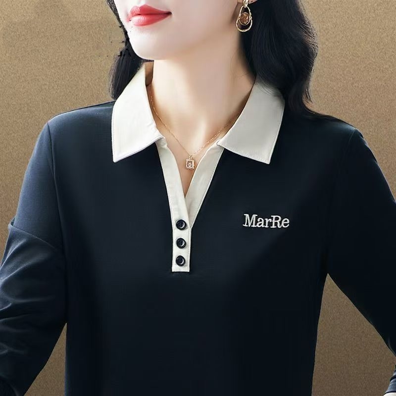 Tricou polo pentru femei cu mânecă lungă, culoare solidă, amestec poliester-spandex, croială dreaptă, primăvara 2025