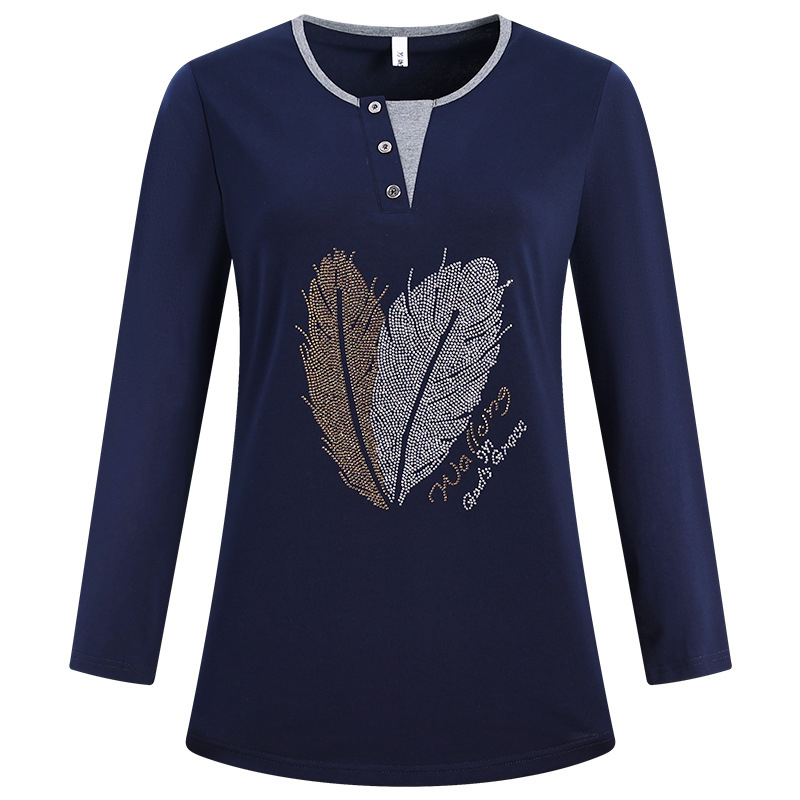 Moterų ilgomis rankovėmis rhinestone marškinėliai pavasariui–rudeniui, vidutinio ilgio viršus, poliesterio 80–90%