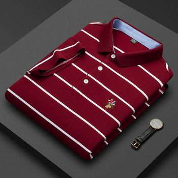 Tricou din bumbac cu dungi, mânecă scurtă, guler lapel, croială lejeră