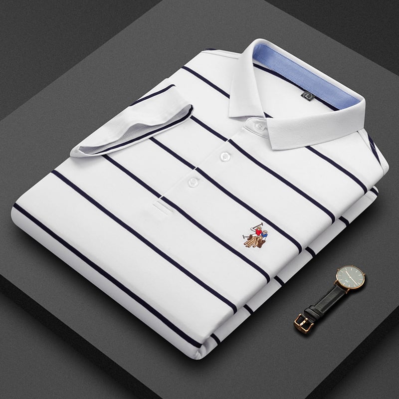 Tricou din bumbac cu dungi, mânecă scurtă, guler lapel, croială lejeră