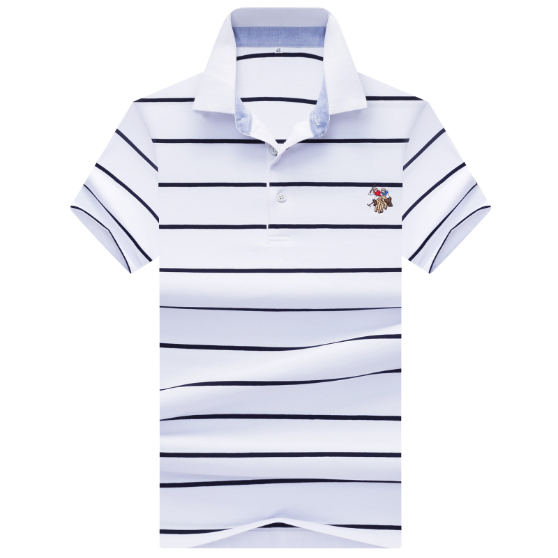 Tricou din bumbac cu dungi, mânecă scurtă, guler lapel, croială lejeră