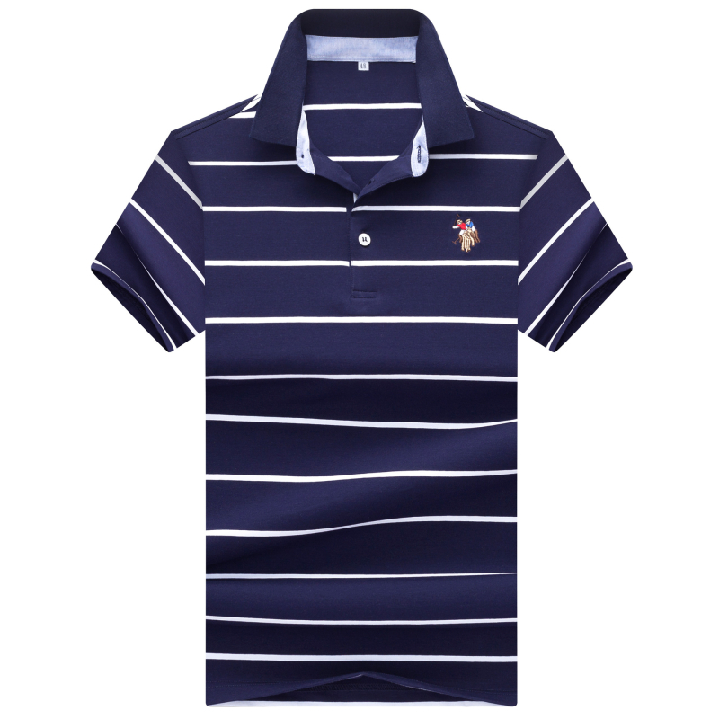 Tricou din bumbac cu dungi, mânecă scurtă, guler lapel, croială lejeră