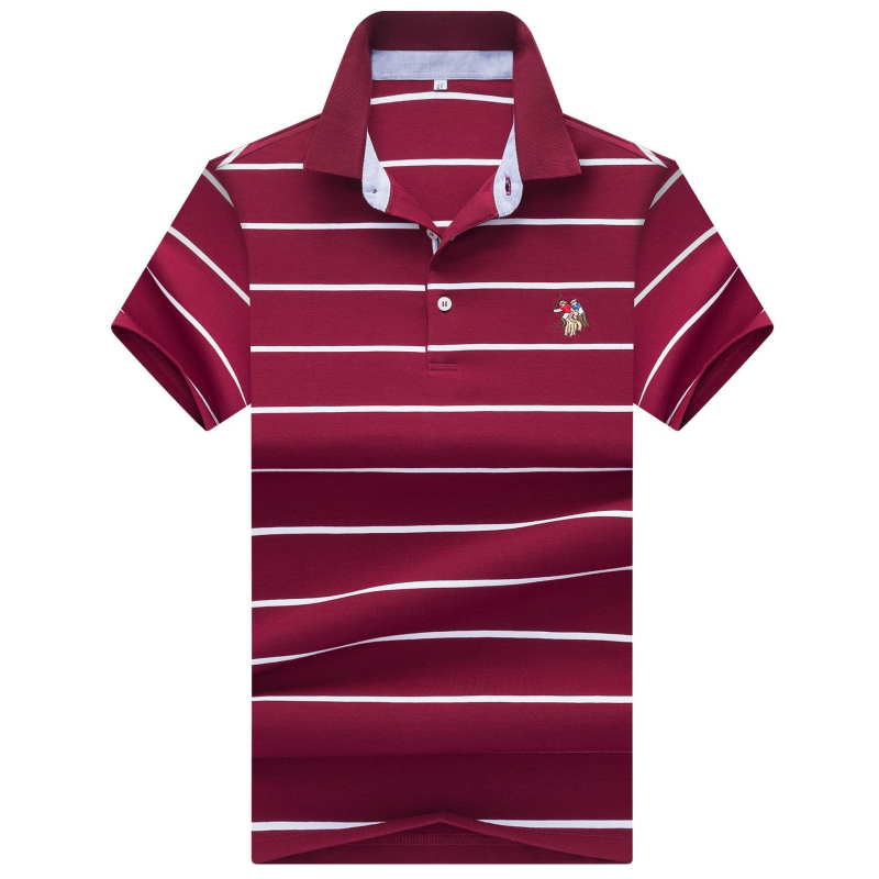 Tricou din bumbac cu dungi, mânecă scurtă, guler lapel, croială lejeră