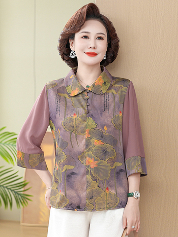 Tricou cu imprimeu floral pe țesătură de mătase artificială din poliester, croială lejeră, mâneci 3/4, lungime standard, imprimare.