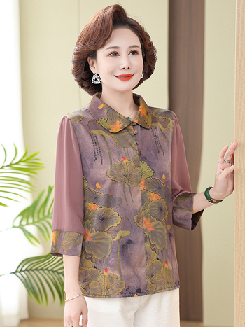 Tricou cu imprimeu floral pe țesătură de mătase artificială din poliester, croială lejeră, mâneci 3/4, lungime standard, imprimare.