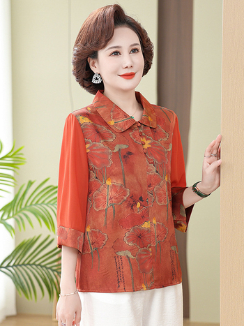 Tricou cu imprimeu floral pe țesătură de mătase artificială din poliester, croială lejeră, mâneci 3/4, lungime standard, imprimare.