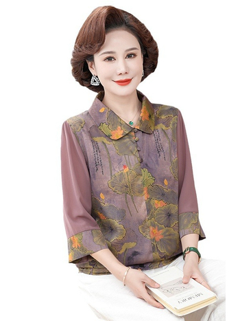 Tricou cu imprimeu floral pe țesătură de mătase artificială din poliester, croială lejeră, mâneci 3/4, lungime standard, imprimare.