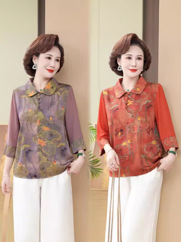 Tricou cu imprimeu floral pe țesătură de mătase artificială din poliester, croială lejeră, mâneci 3/4, lungime standard, imprimare.