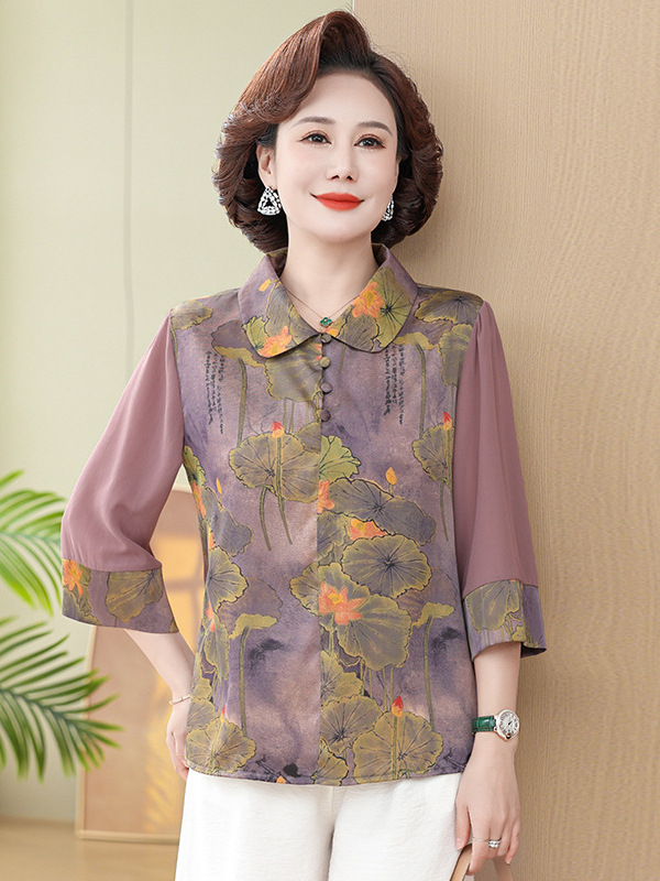 Tricou cu imprimeu floral pe țesătură de mătase artificială din poliester, croială lejeră, mâneci 3/4, lungime standard, imprimare.