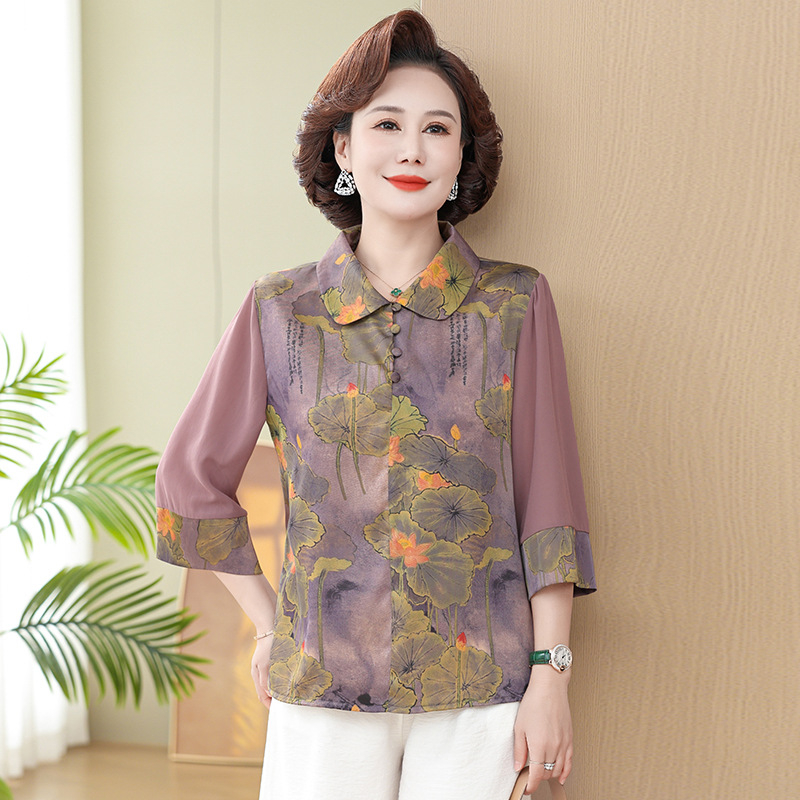 Tricou cu imprimeu floral pe țesătură de mătase artificială din poliester, croială lejeră, mâneci 3/4, lungime standard, imprimare.