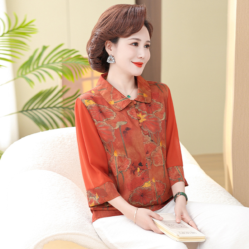 Tricou cu imprimeu floral pe țesătură de mătase artificială din poliester, croială lejeră, mâneci 3/4, lungime standard, imprimare.