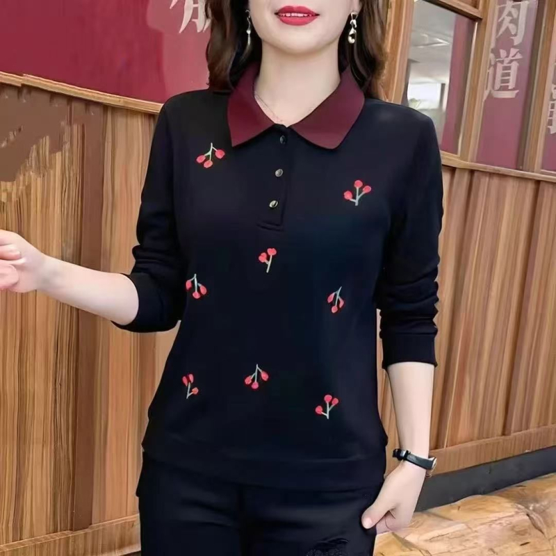 Tricou dama din chenille, mâneci lungi, imprimeu fructe, guler polo, croială lejeră