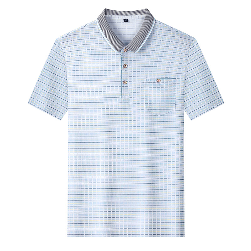 Tricou pentru bărbați cu mânecă scurtă, guler rever, imprimeu în carouri și buzunar, material din poliester respirabil.
