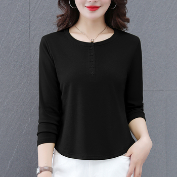 Tricou din bumbac cu mâneci lungi, guler rotund, culoare solidă, 95% bumbac, lungime standard