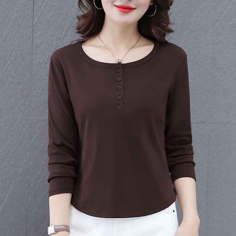 Tricou din bumbac cu mâneci lungi, guler rotund, culoare solidă, 95% bumbac, lungime standard