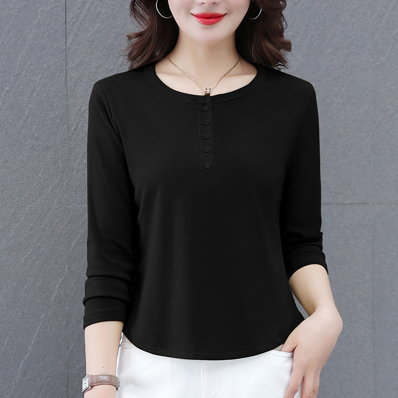 Tricou din bumbac cu mâneci lungi, guler rotund, culoare solidă, 95% bumbac, lungime standard