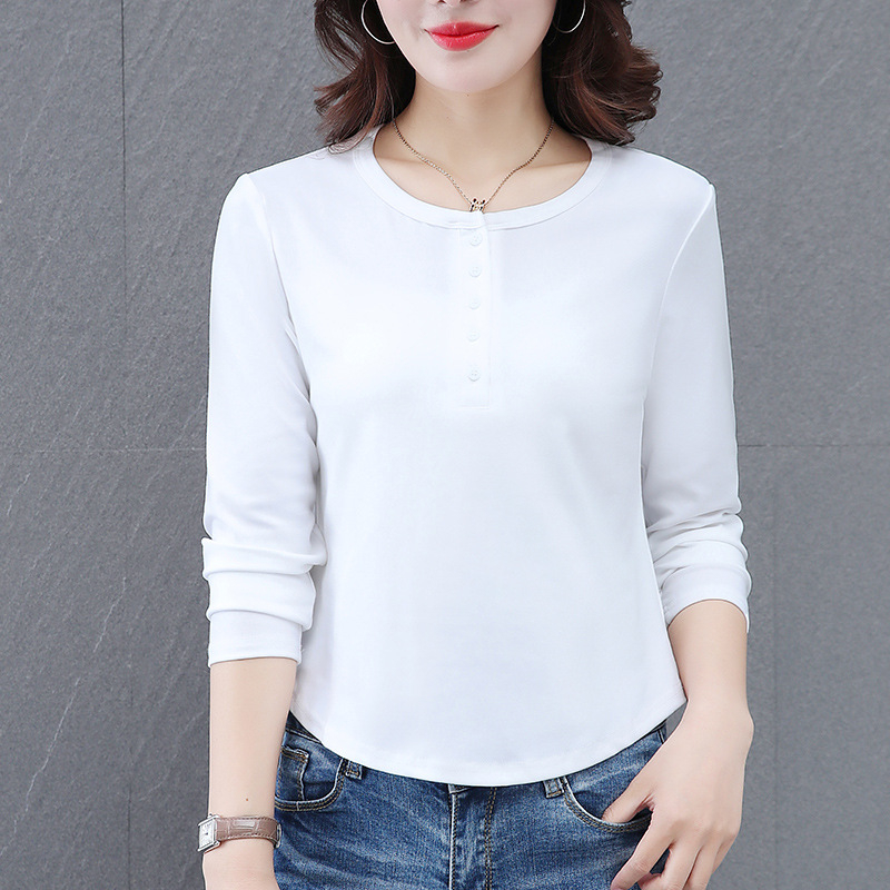 Tricou din bumbac cu mâneci lungi, guler rotund, culoare solidă, 95% bumbac, lungime standard