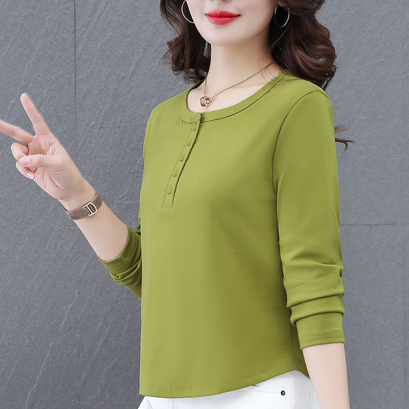 Tricou din bumbac cu mâneci lungi, guler rotund, culoare solidă, 95% bumbac, lungime standard