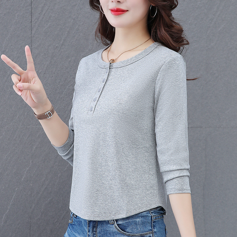 Tricou din bumbac cu mâneci lungi, guler rotund, culoare solidă, 95% bumbac, lungime standard