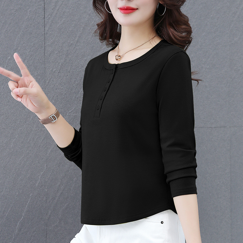 Tricou din bumbac cu mâneci lungi, guler rotund, culoare solidă, 95% bumbac, lungime standard