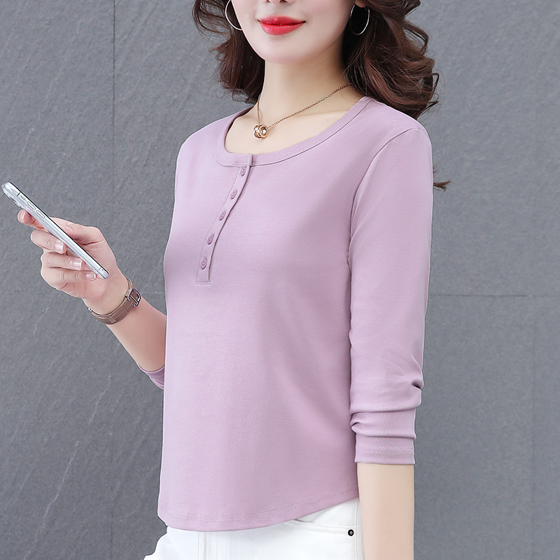 Tricou din bumbac cu mâneci lungi, guler rotund, culoare solidă, 95% bumbac, lungime standard