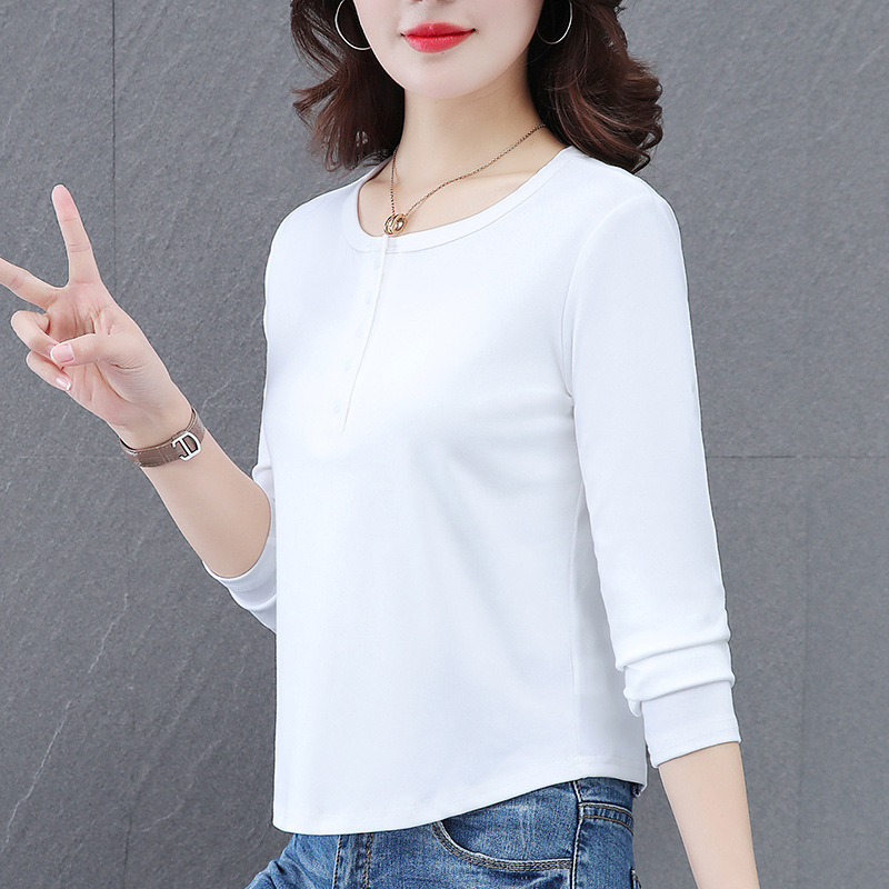 Tricou din bumbac cu mâneci lungi, guler rotund, culoare solidă, 95% bumbac, lungime standard