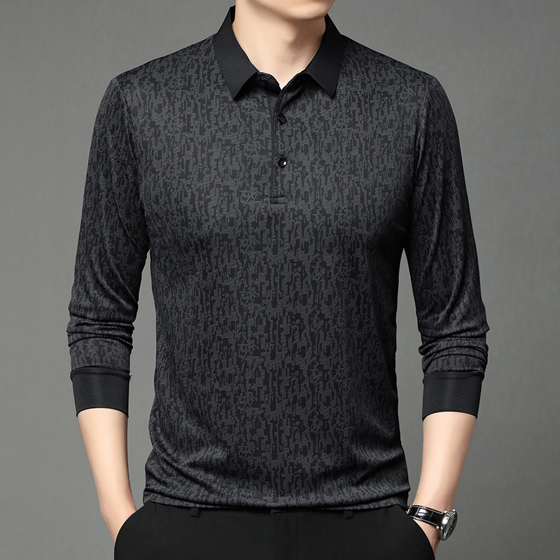 Tricou bărbați cu mânecă lungă, guler rever, croială lejeră, amestec poliester, primăvară–toamnă 2025, casual
