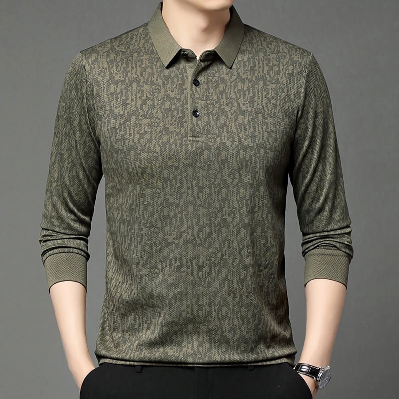 Tricou bărbați cu mânecă lungă, guler rever, croială lejeră, amestec poliester, primăvară–toamnă 2025, casual
