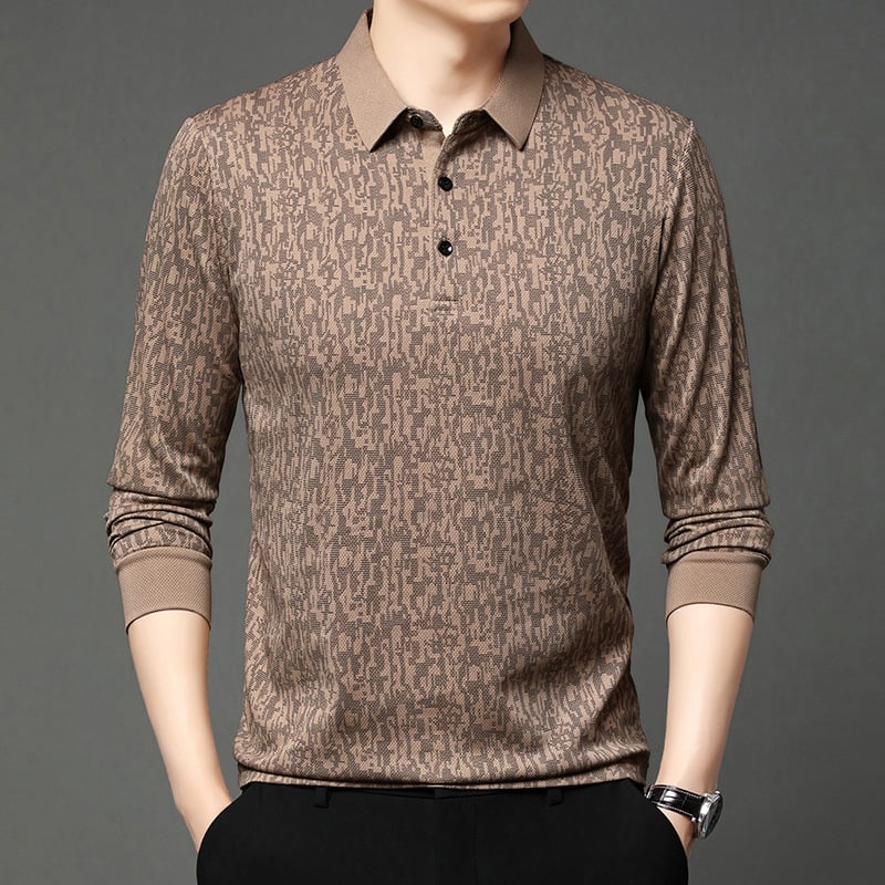 Tricou bărbați cu mânecă lungă, guler rever, croială lejeră, amestec poliester, primăvară–toamnă 2025, casual