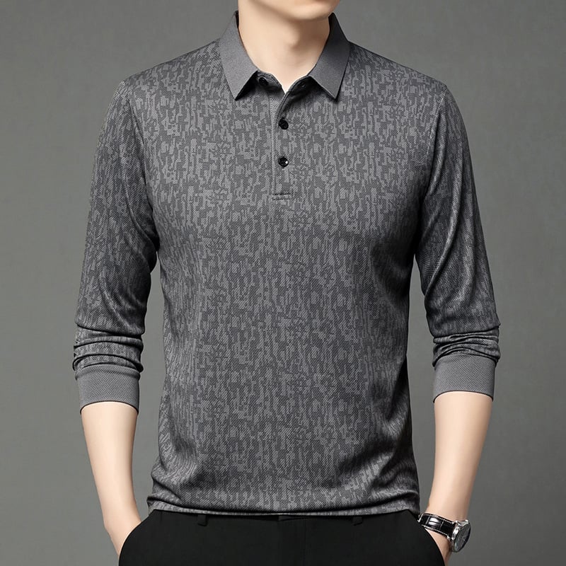 Tricou bărbați cu mânecă lungă, guler rever, croială lejeră, amestec poliester, primăvară–toamnă 2025, casual