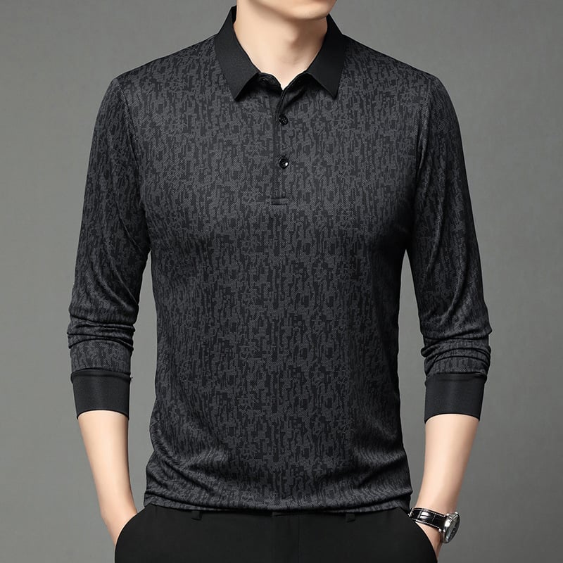 Tricou bărbați cu mânecă lungă, guler rever, croială lejeră, amestec poliester, primăvară–toamnă 2025, casual