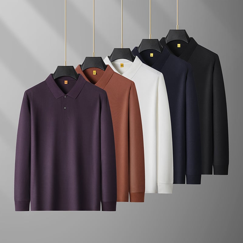 Tricou polo pentru bărbați cu guler lapel, mâneci lungi, bumbac mercerizat 96%+, croială clasică.